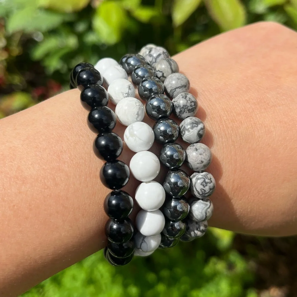 8mm stretchable black white‎ crystal bracelet set